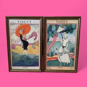 2 vintage vogue fashion magazines covers gold frame hanging wall decor art!